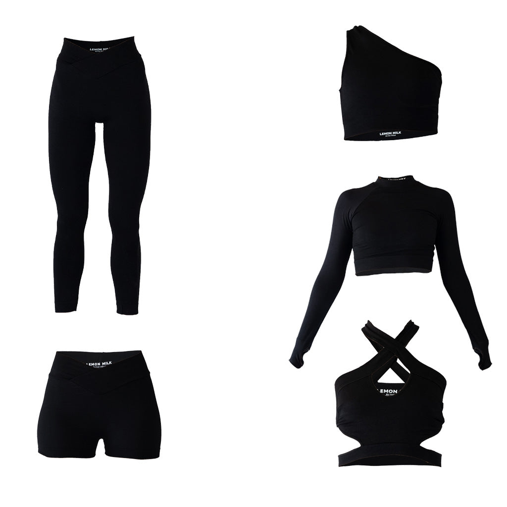 legging, short y tops color negro, set de 5 piezas